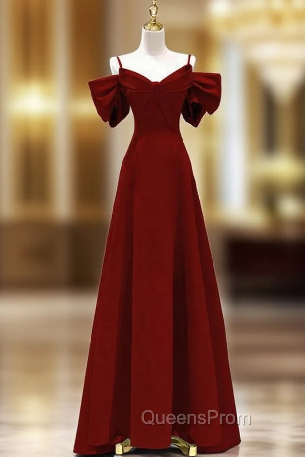 Burgundy Straps Bow Evening Prom Dress Main image