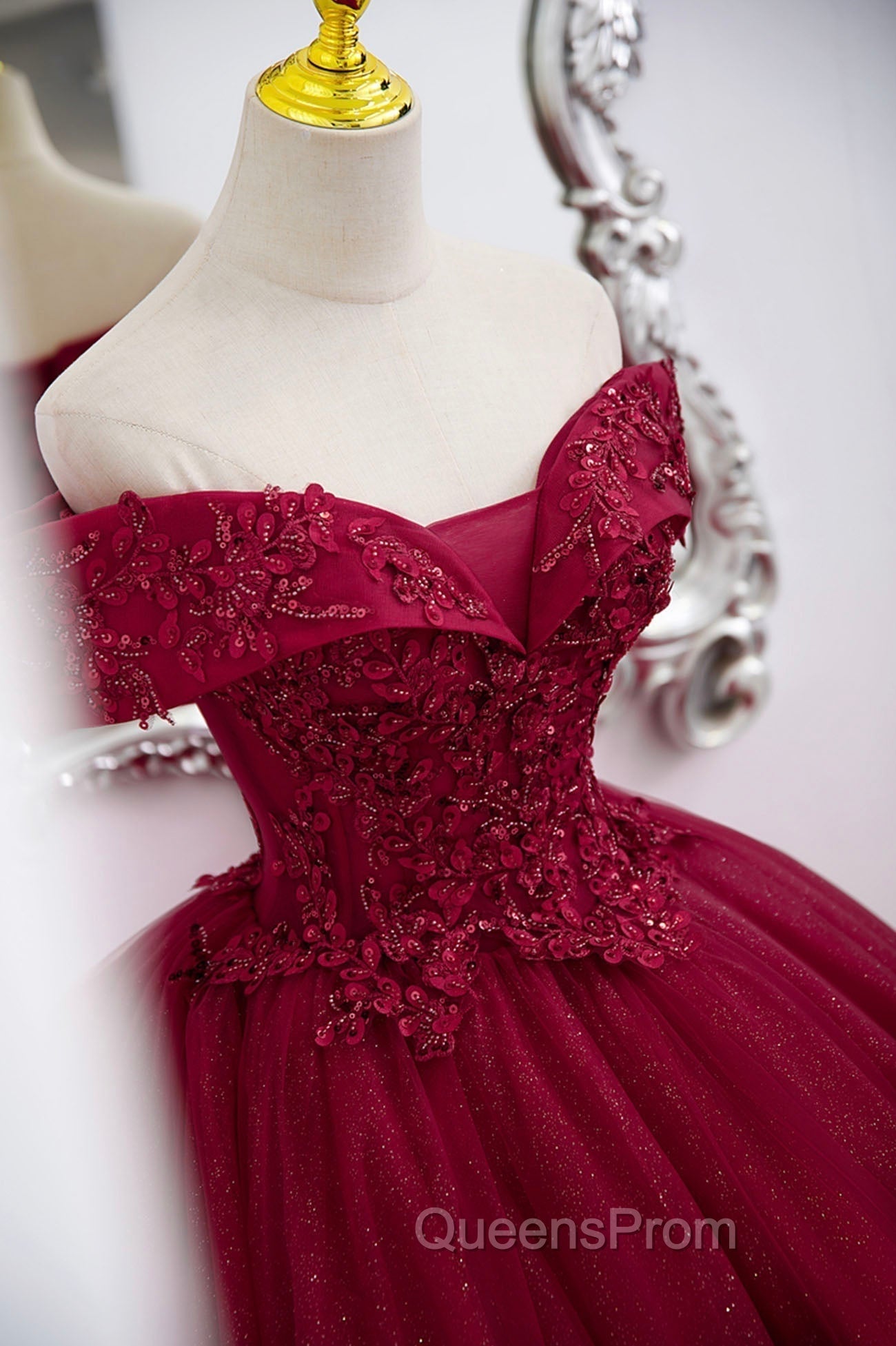 Burgundy Sweet 16 Evening Gown with Lace, Off the Shoulder Evening Prom Dress Party Dress Secondary image