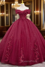 Burgundy Sweet 16 Evening Gown with Lace, Off the Shoulder Evening Prom Dress Party Dress