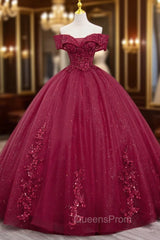 Burgundy Sweet 16 Evening Gown with Lace, Off the Shoulder Evening Prom Dress Party Dress