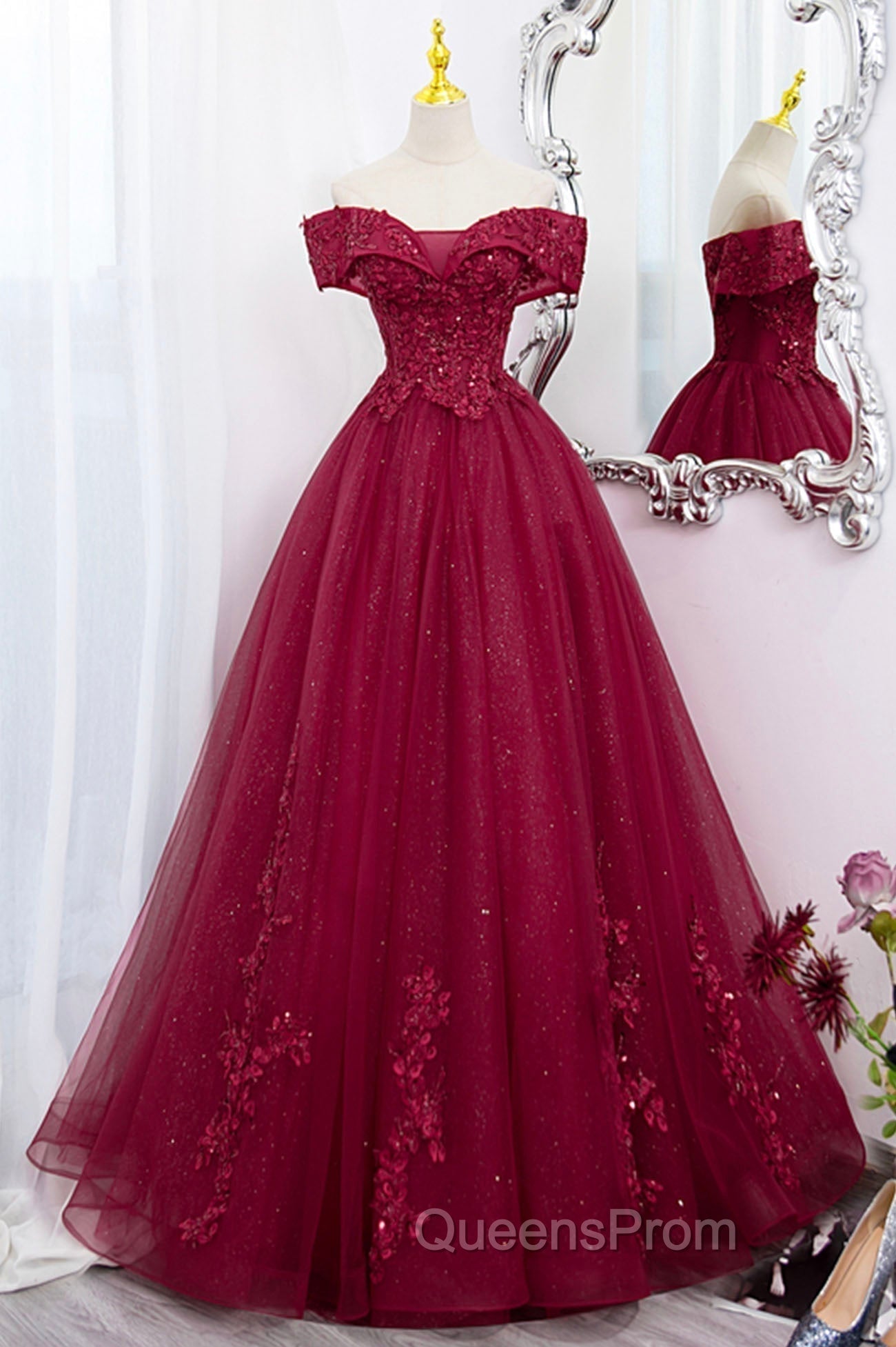 Burgundy Sweet 16 Evening Gown with Lace, Off the Shoulder Evening Prom Dress Party Dress Main image