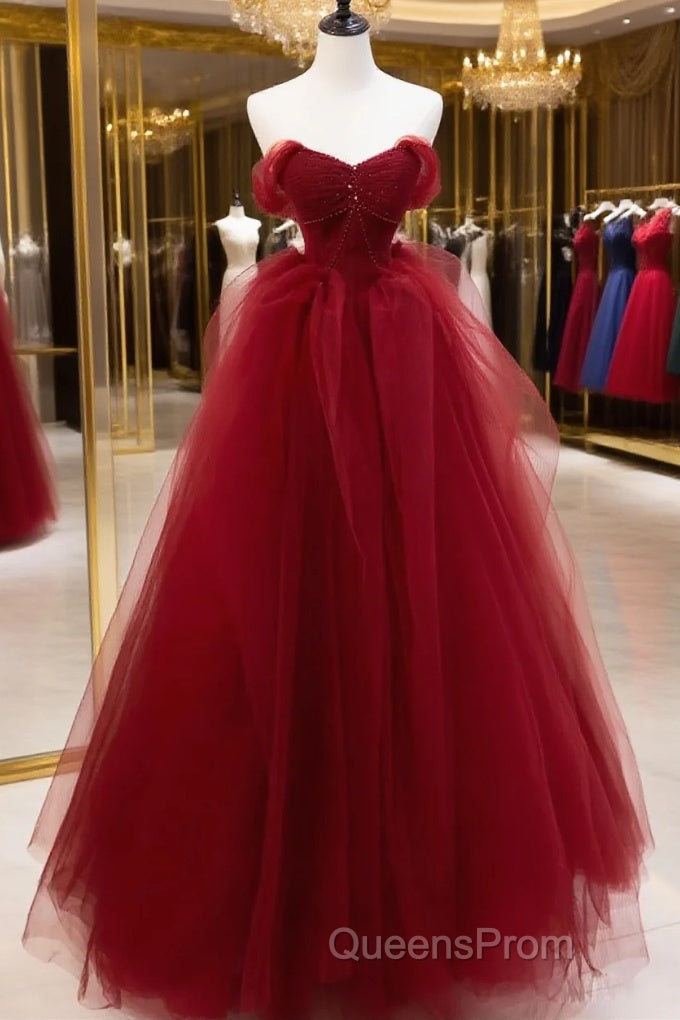 Burgundy Sweetheart Ball Gown Tulle With Beaded Evening Prom Dress, Burgundy Party Dress Main image