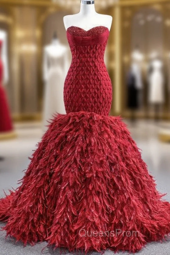 Burgundy Sweetheart Beading Tulle Evening Prom Dress With Detachable Feather train