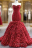 Burgundy Sweetheart Beading Tulle Evening Prom Dress With Detachable Feather train