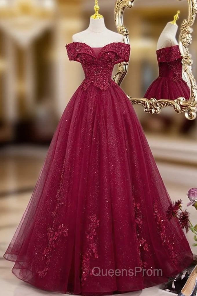 Burgundy Sweetheart Flowers Sequins Lace Party Dress, Long Evening Dress Evening Prom Dress Main image