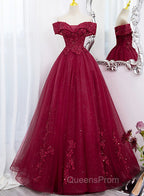 Burgundy Sweetheart Flowers Sequins Lace Party Dress, Long Evening Dress Evening Prom Dress