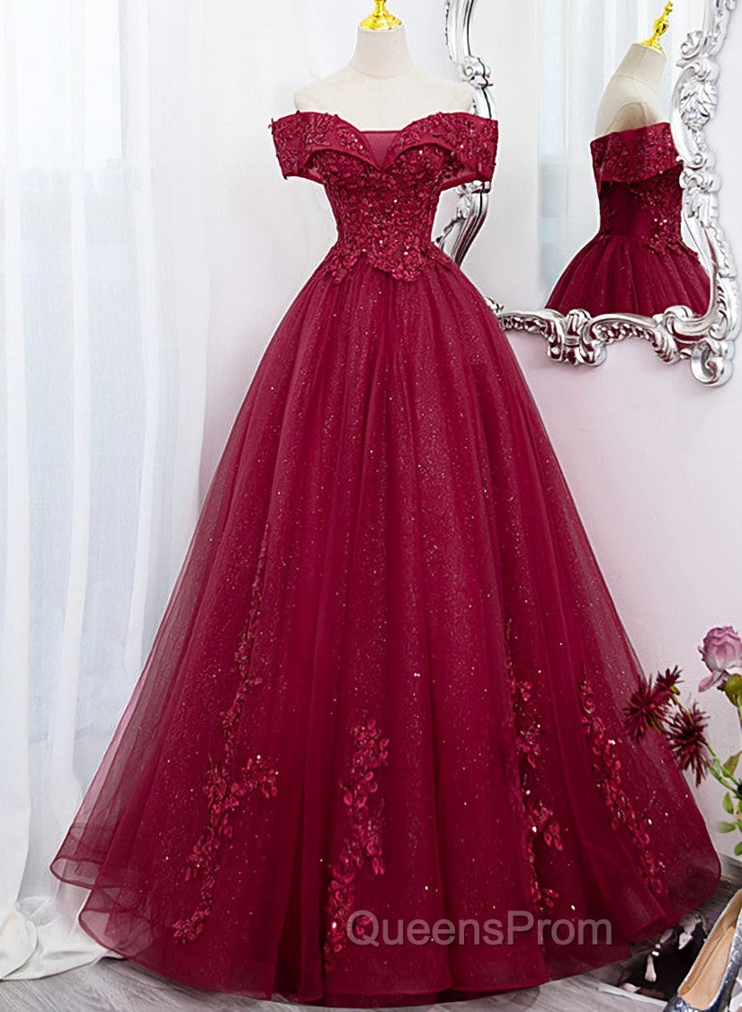 Burgundy Sweetheart Flowers Sequins Lace Party Dress, Long Evening Dress Evening Prom Dress