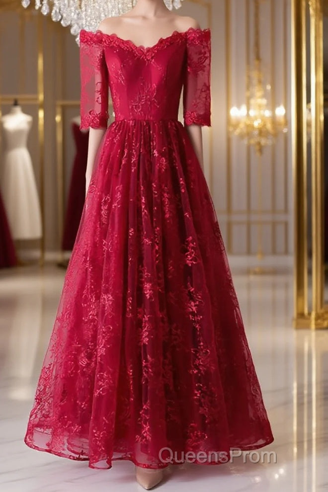 Burgundy sweetheart lace long Evening Prom Dress, burgundy evening Dress Main image