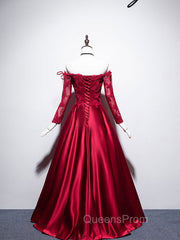 Burgundy Sweetheart Lace Satin Long Evening Prom Dress Burgundy Evening Dress