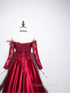Burgundy Sweetheart Lace Satin Long Evening Prom Dress Burgundy Evening Dress