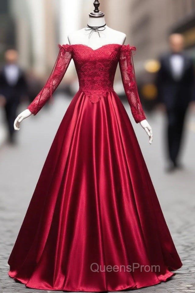 Burgundy Sweetheart Lace Satin Long Evening Prom Dress Burgundy Evening Dress Main image