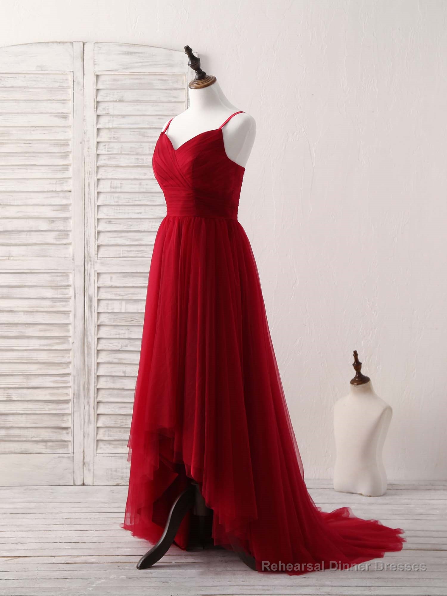 Burgundy Sweetheart Neck Tulle High Low Prom Dress, Burgundy Formal Dress