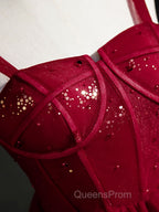 Burgundy Sweetheart Neck Tulle Sequin Short Evening Prom Dress, Puffy Cute Homecoming  Dress