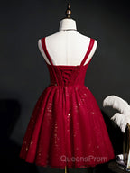 Burgundy Sweetheart Neck Tulle Sequin Short Evening Prom Dress, Puffy Cute Homecoming  Dress
