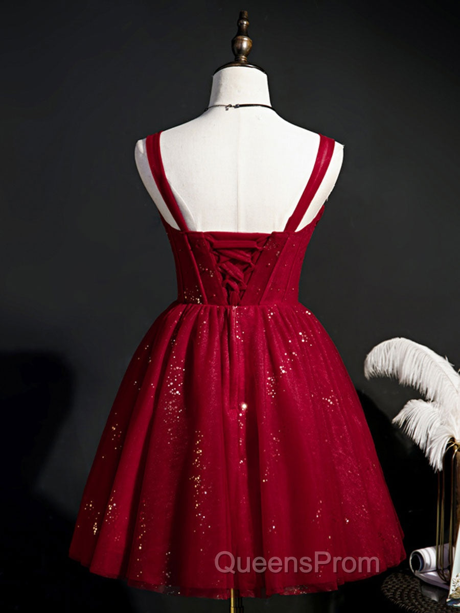 Burgundy Sweetheart Neck Tulle Sequin Short Evening Prom Dress, Puffy Cute Homecoming  Dress