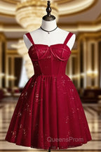 Burgundy Sweetheart Neck Tulle Sequin Short Evening Prom Dress, Puffy Cute Homecoming  Dress