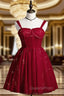 Burgundy Sweetheart Neck Tulle Sequin Short Evening Prom Dress, Puffy Cute Homecoming  Dress