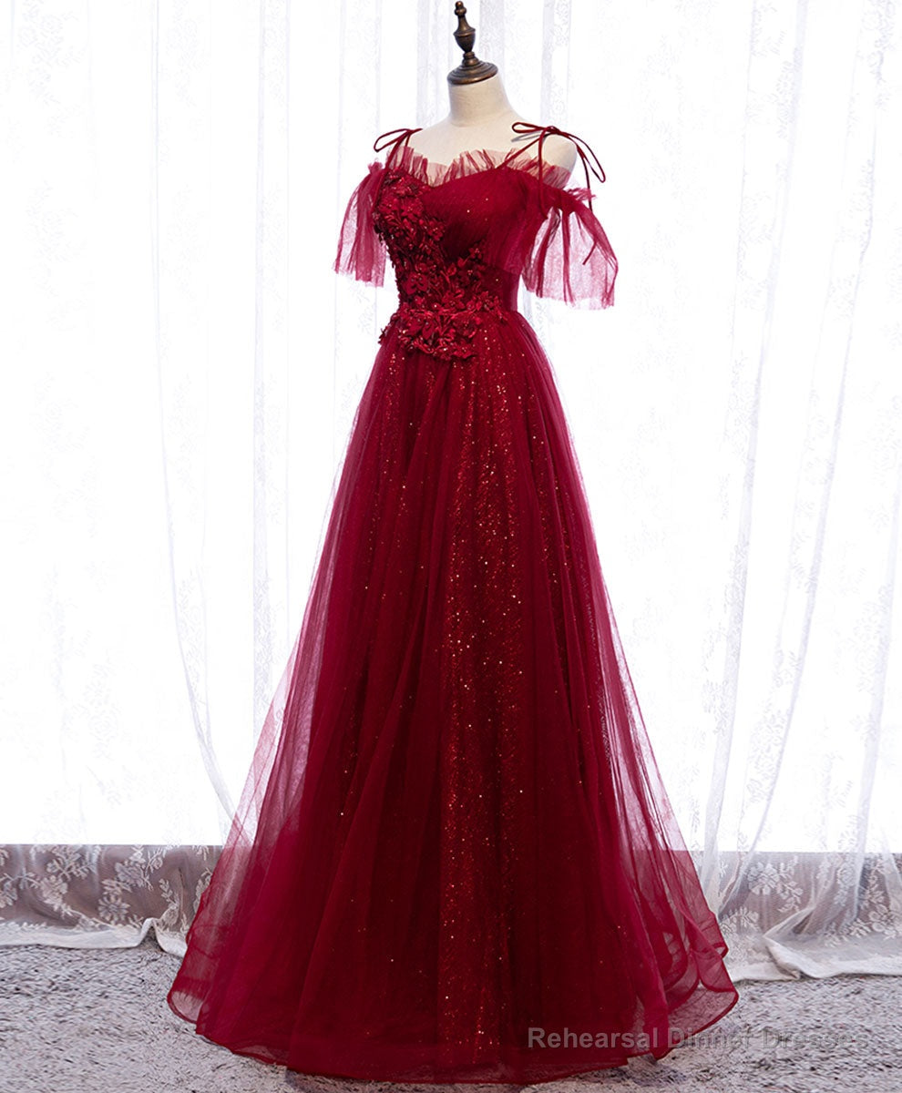 Burgundy Sweetheart Tulle Lace Long Prom Dress Burgundy Formal Dress Main image