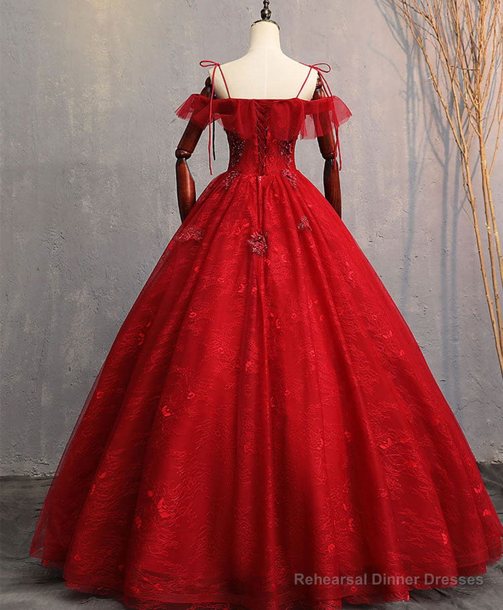 Burgundy Sweetheart Tulle Lace Long Prom Gown, Lace Formal Dress Main image