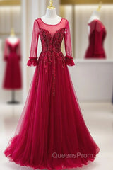Burgundy Tulle Appliques Beading Backless Evening Prom Dress