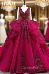 Burgundy Tulle Appliques Beading Pearls Evening Prom Dress