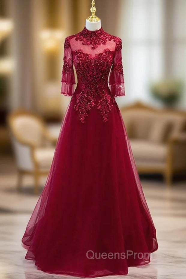 Burgundy Tulle Appliques Beading Short Sleeve Evening Prom Dress Main image
