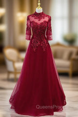 Burgundy Tulle Appliques Beading Short Sleeve Evening Prom Dress