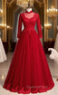 Burgundy Tulle Appliques High Neck Long Sleeve Evening Prom Dress