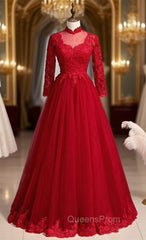 Burgundy Tulle Appliques High Neck Long Sleeve Evening Prom Dress