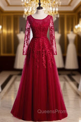 Burgundy Tulle Appliques Long Sleeve Evening Prom Dress