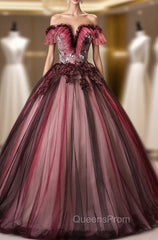 Burgundy Tulle Appliques Quinceanera Dress