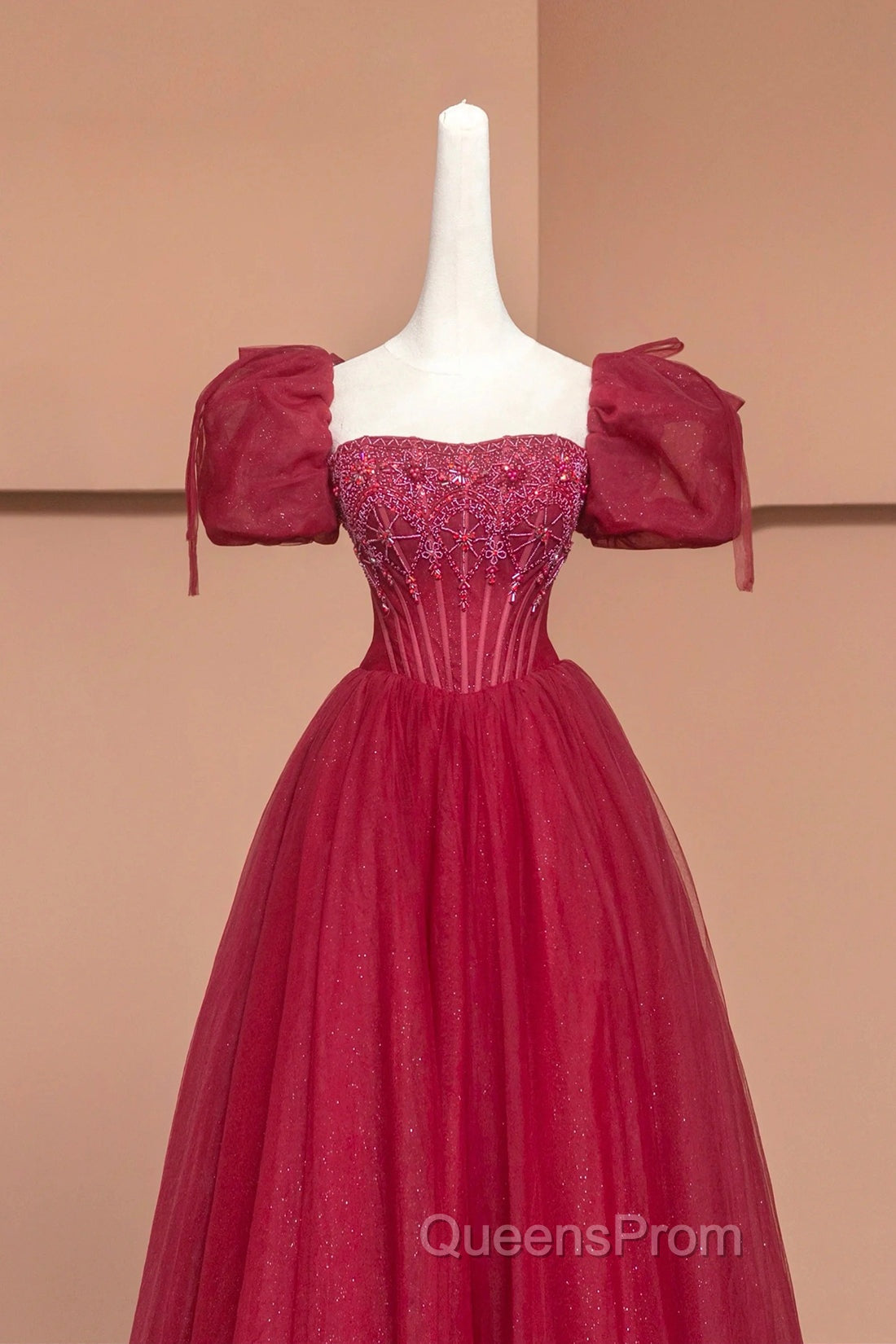 Burgundy Tulle Beaded Floor Length Evening Prom Dress, A-Line Short Sleeve Evening Dress Secondary image