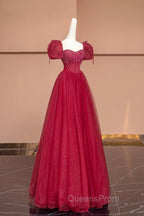 Burgundy Tulle Beaded Floor Length Evening Prom Dress, A-Line Short Sleeve Evening Dress