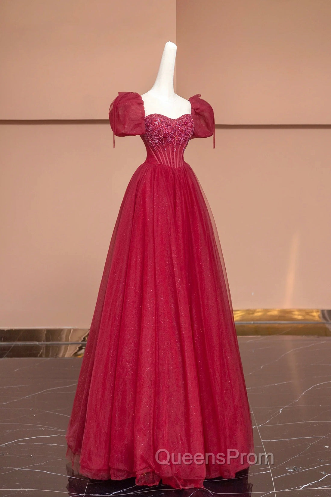 Burgundy Tulle Beaded Floor Length Evening Prom Dress, A-Line Short Sleeve Evening Dress