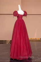 Burgundy Tulle Beaded Floor Length Evening Prom Dress, A-Line Short Sleeve Evening Dress