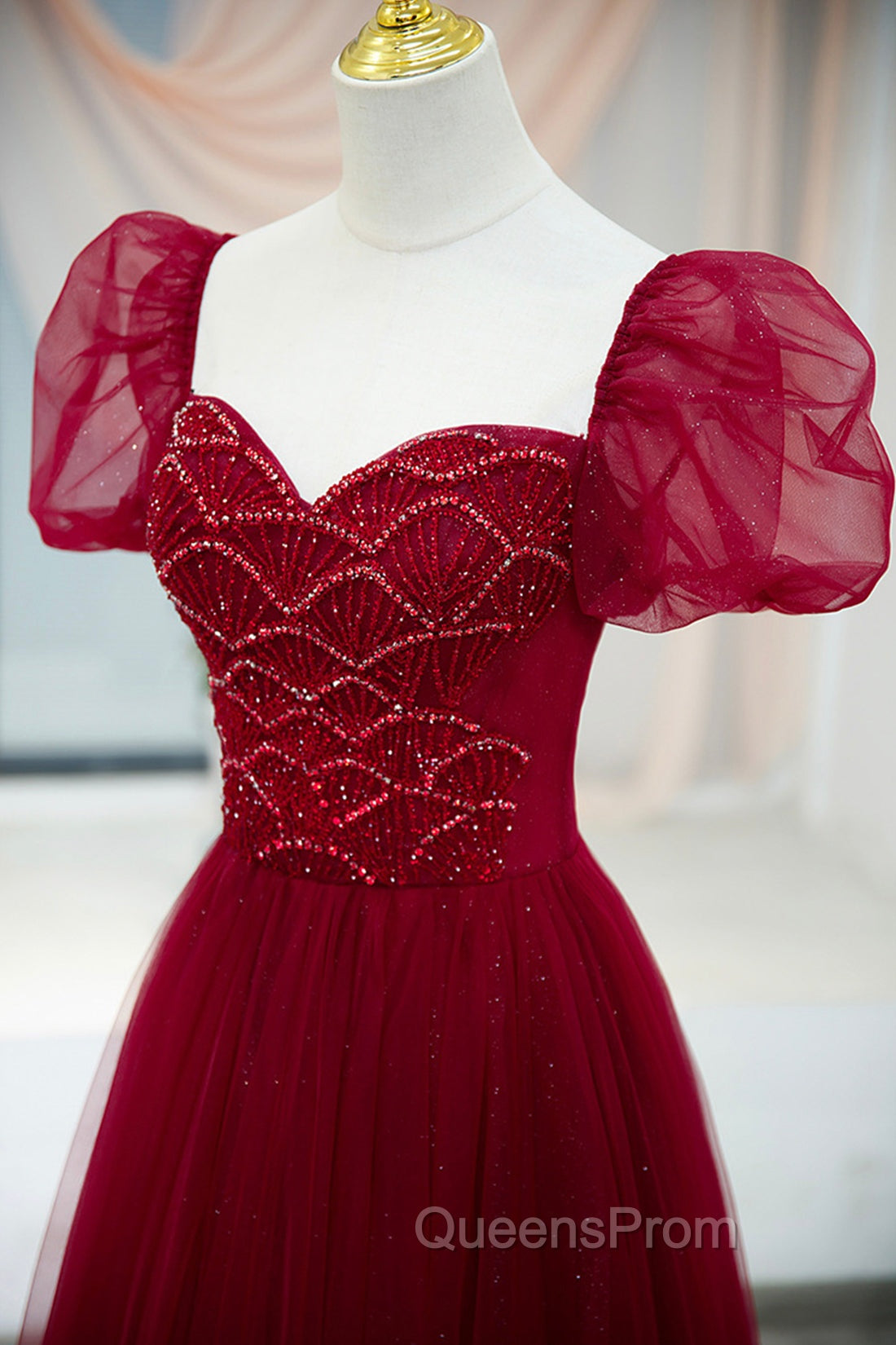 Burgundy Tulle Beaded Long Evening Prom Dress, A-Line Short Sleeve Evening Dress Secondary image