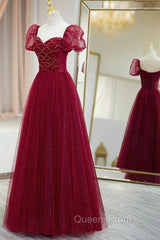 Burgundy Tulle Beaded Long Evening Prom Dress, A-Line Short Sleeve Evening Dress
