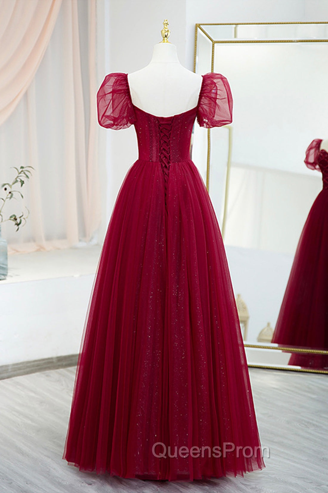 Burgundy Tulle Beaded Long Evening Prom Dress, A-Line Short Sleeve Evening Dress