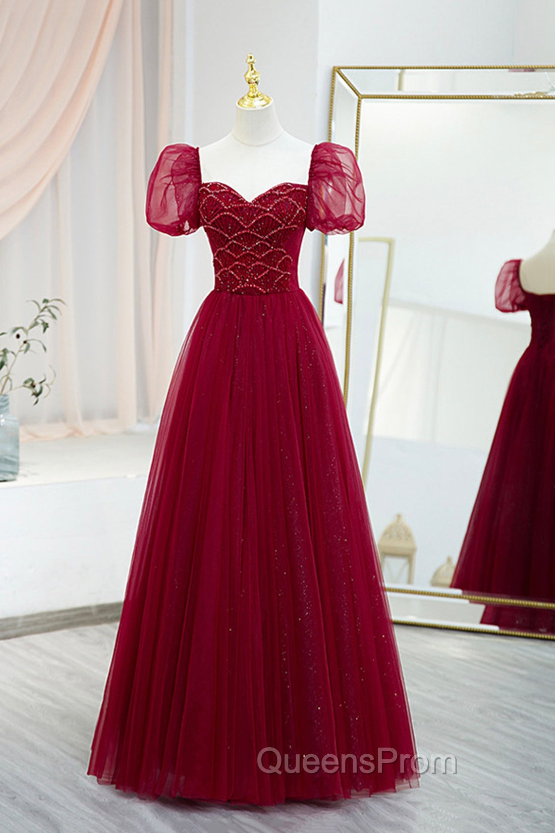 Burgundy Tulle Beaded Long Evening Prom Dress, A-Line Short Sleeve Evening Dress Main image
