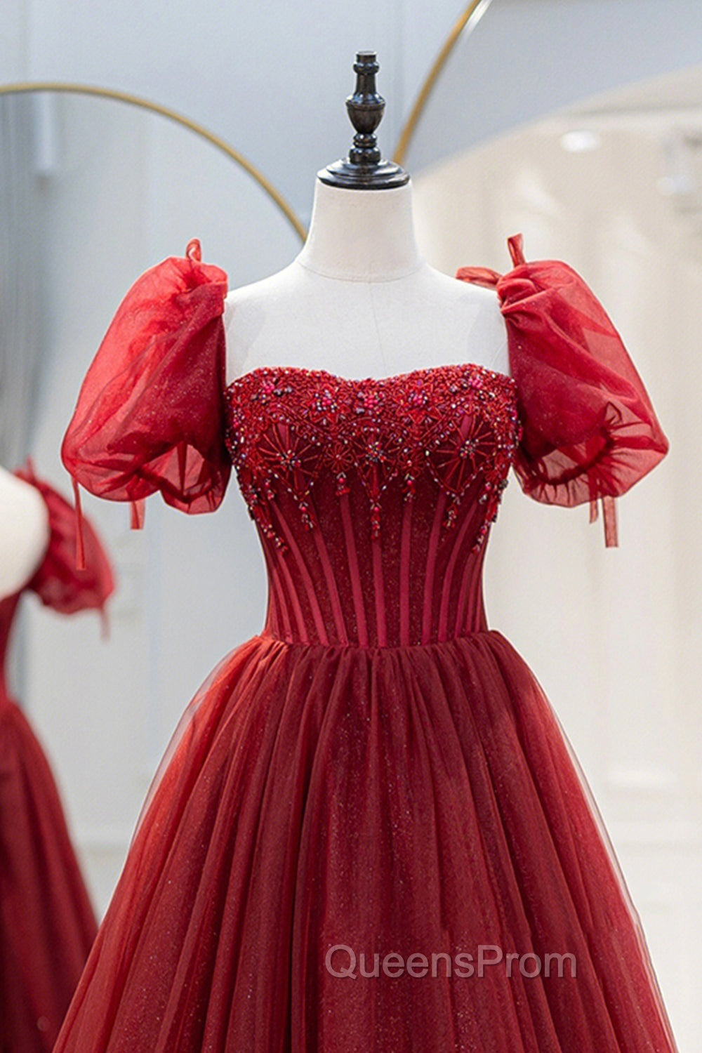 Burgundy Tulle Beaded Long Evening Prom Dress, A-Line Short Sleeve Evening Dress