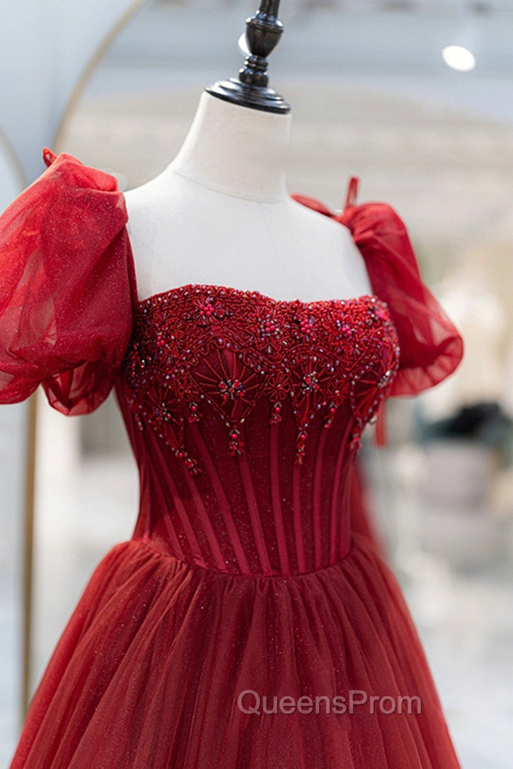 Burgundy Tulle Beaded Long Evening Prom Dress, A-Line Short Sleeve Evening Dress