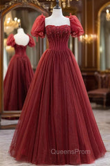 Burgundy Tulle Beaded Long Evening Prom Dress, A-Line Short Sleeve Evening Dress
