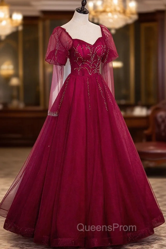 Burgundy Tulle Beaded Long Sleeve Evening Prom Dress, A-Line Evening Graduation Dress Secondary image