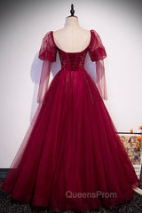 Burgundy Tulle Beaded Long Sleeve Evening Prom Dress, A-Line Evening Graduation Dress