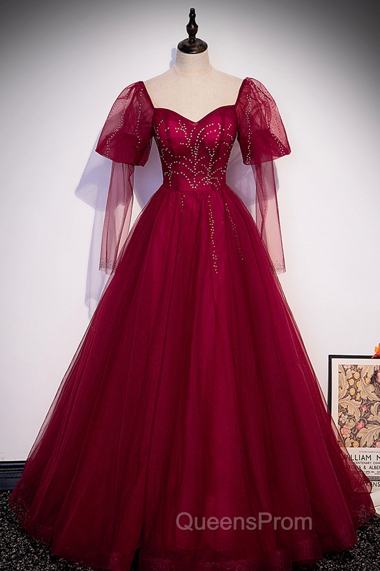Burgundy Tulle Beaded Long Sleeve Evening Prom Dress, A-Line Evening Graduation Dress Main image
