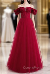 Burgundy Tulle Beading Off the Shoulder Evening Prom Dress