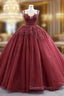 Burgundy Tulle Beading Sequins Illusion Neck Evening Prom Dress