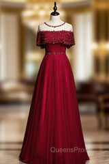Burgundy Tulle Beading Sequins Lotus Leaf Sleeve Evening Prom Dress