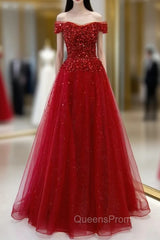 Burgundy Tulle Beading Sequins Off the Shoulder Evening Prom Dress