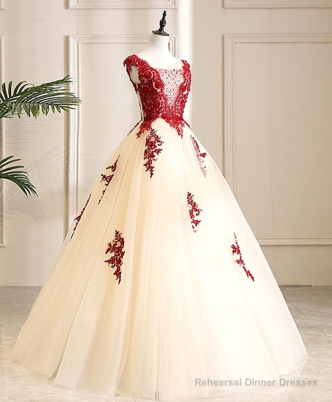 Burgundy Tulle Beads Lace Long Prom Dress Sweet 16 Dress Main image